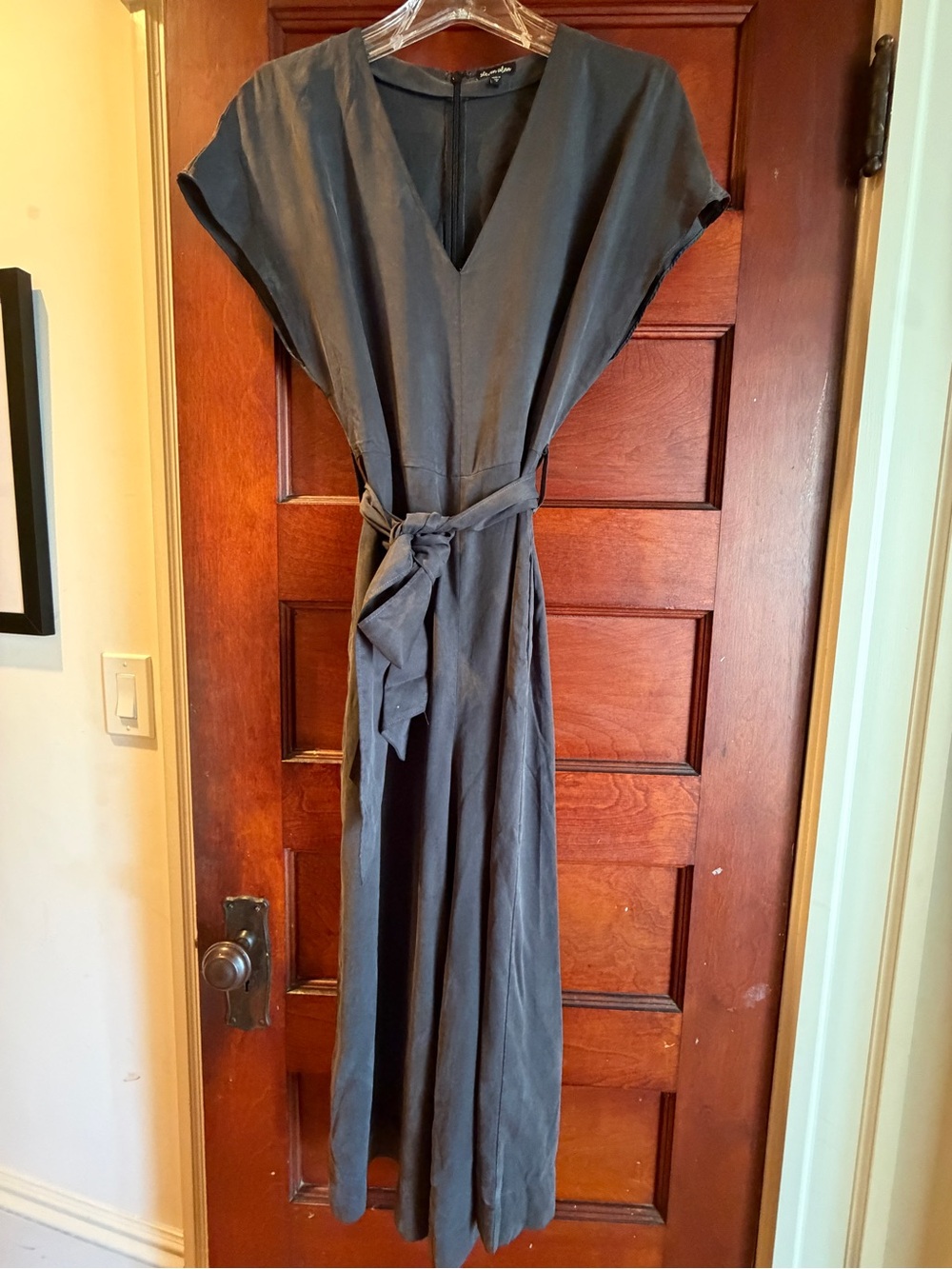Steve Alan Women’s V-Neck Tie-Waist Jumpsuit in Charcoal Silk